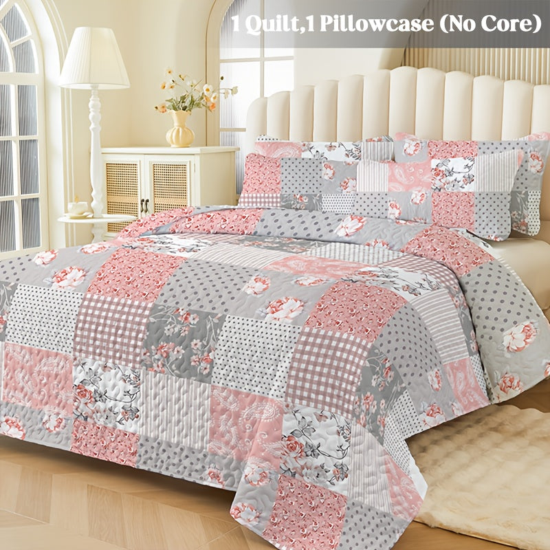 Quilt Set 2 3 Piece Lightweight Floral Patchwork Coverlet Bedding Set with Pillow Shams, Boho Quilted Bedspread for Twin Full Queen King, All Season Soft Cozy Bed Cover Green Blue Pink Grey