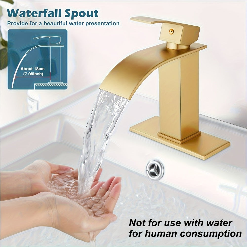 Waterfall Bathroom Sink Faucet, Single Hole or 3-Hole Mixer Tap with 6¡± Deck Plate, Ceramic Valve, Vanity Faucet for Farmhouse RV Bathroom, Brushed Gold Matte Black Nickel Chrome