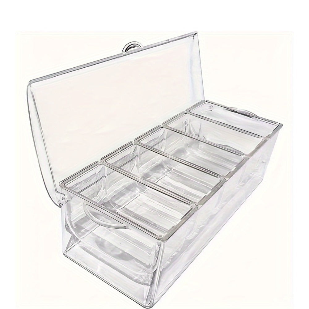 Condiment Caddy with Lid 5 Compartments Clear Serving Tray Bar Fruit Caddy Ice Tray Party Toppings Container Garnish Station