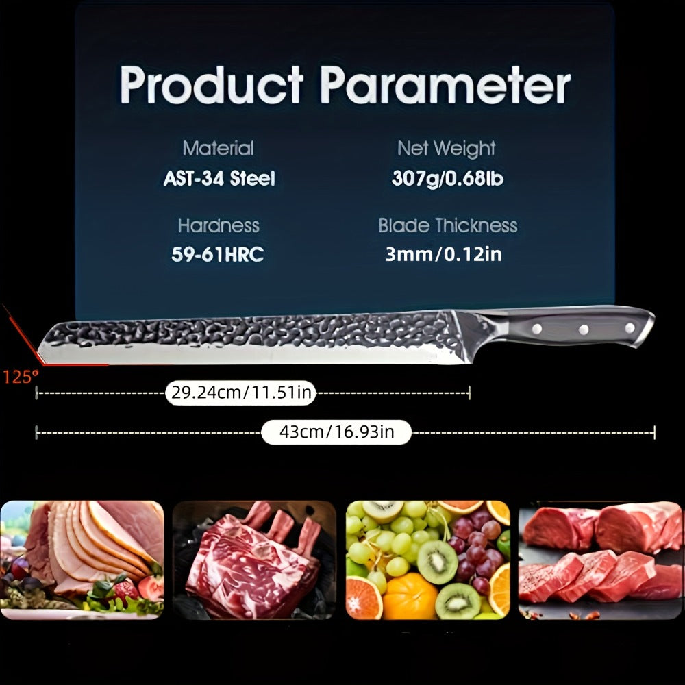 Brisket Knife 12 Inch Hand Forged High Carbon Steel Slicing Knife for BBQ Meat Carving - Sharp Blade for Brisket Ribs Roasts Turkey - Professional BBQ Knife Gift for Grilling Enthusiasts