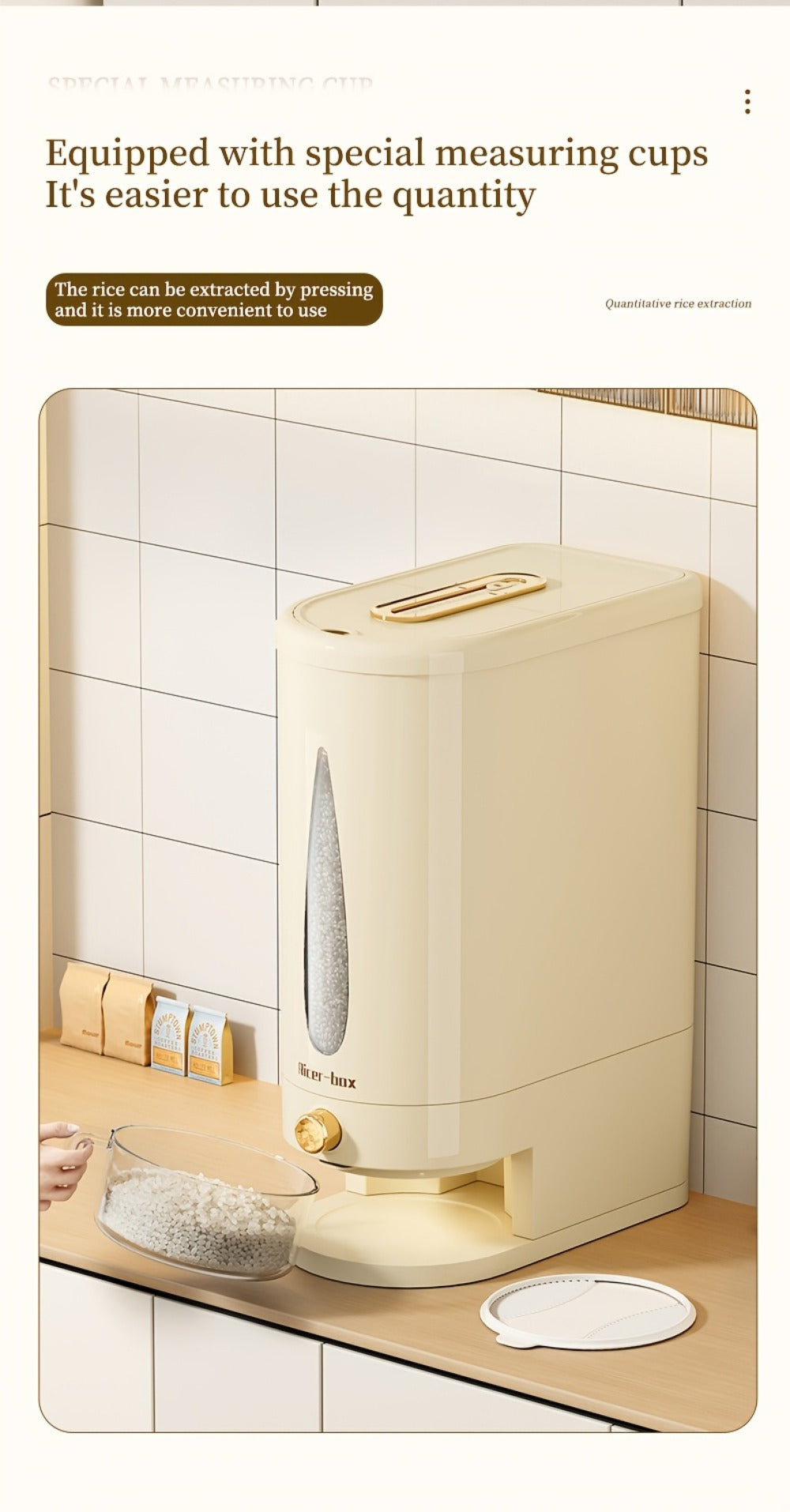 Rice Dispenser Storage Container Press Type Measuring Cup Moisture-Proof Sealed Grain Bin - Large Capacity Airtight Rice Storage Box for Rice Coffee Beans Flour Legumes Pet Food Kitchen Pantry Organizer