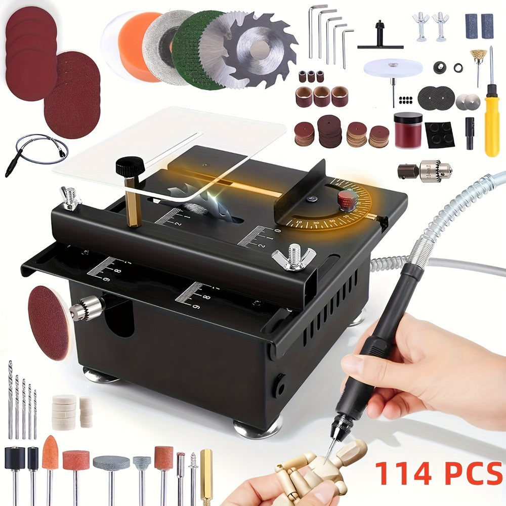 Mini Table Saw Multi-Function Portable DIY Machine, Sanding Engraving Drilling All-in-One Woodworking Tool, 7-Speed Adjustment, Precision Handmade Crafts, Great Gift for Dad, Husband & Men