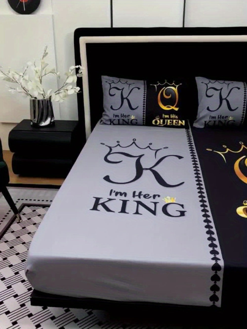 Bed Sheet Set 3 Piece Super Soft Microfiber Fitted Sheet with Pillowcases - Deep Pocket 15 Inch Crown Letter Print Color Block Bedding Twin Full Queen King All Season
