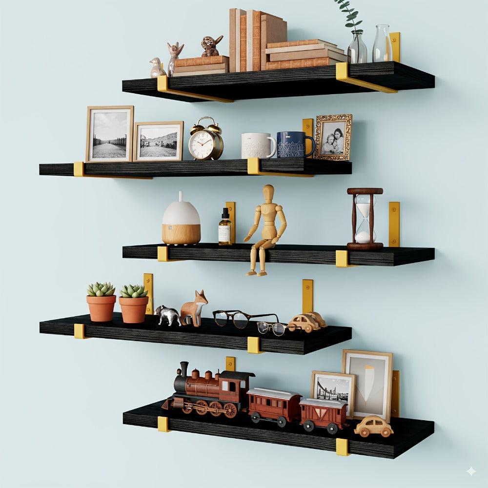 Rustic Floating Shelves Set of 5, 15.8x4.7 Inch Wall Mounted Wooden Shelves for Bedroom Living Room Kitchen Bathroom Office Plant Display