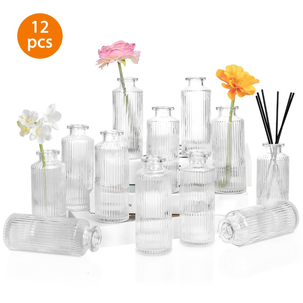 Mini Bud Vases Set - Modern Striped Clear Glass Flower Vases for Wedding Centerpieces, Birthday Party, Anniversary, Home Table Decor, Multiple Sizes 12/24/36 Pcs