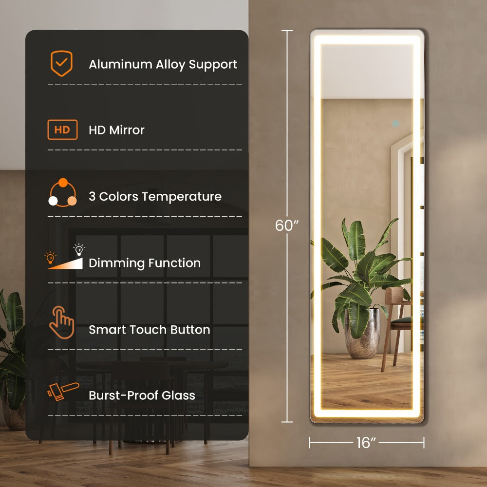 Full Length Mirror with LED Lights & Touch Sensor ¨C 64¡±x21¡± Dimmable Smart Floor Mirror, Wall Mount or Freestanding, Slim Modern Frame for Bedroom, Vanity & Dressing Room