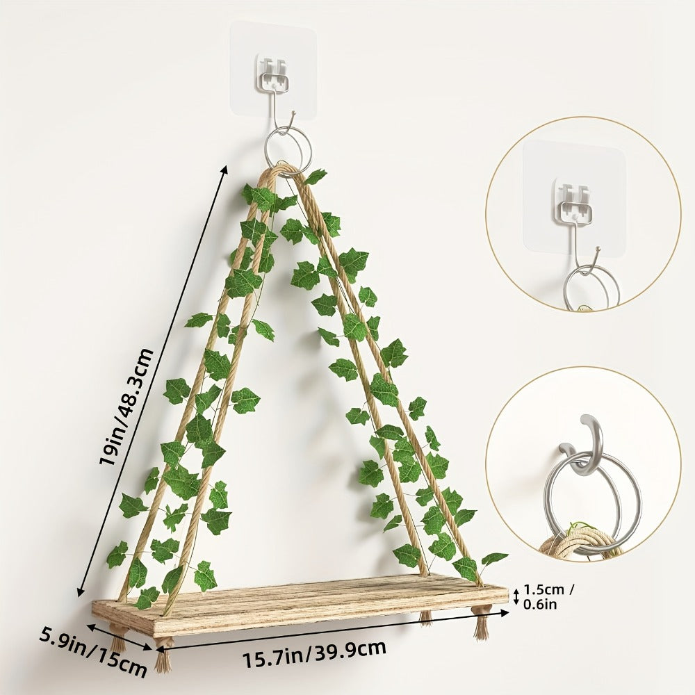Floating Wall Shelves with Artificial Ivy LED Strip Lights Macrame Boho Wood Hanging Shelf Plant Wall Decor Bedroom Living Room Bathroom 15.7 Inch