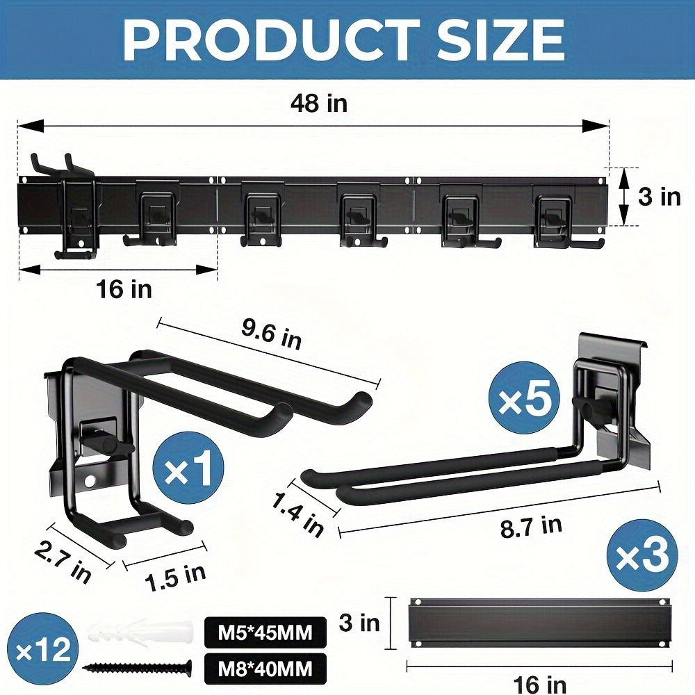 Garage Tool Organizer Wall Mount 48¡± ¨C Heavy Duty Pegboard with Adjustable Swivel Hooks, 1 Double Hook & 5 Straight Hooks, Holds 420lbs, Broom Holder for Yard Tools, Shovels, Hoses & Garden Equipment