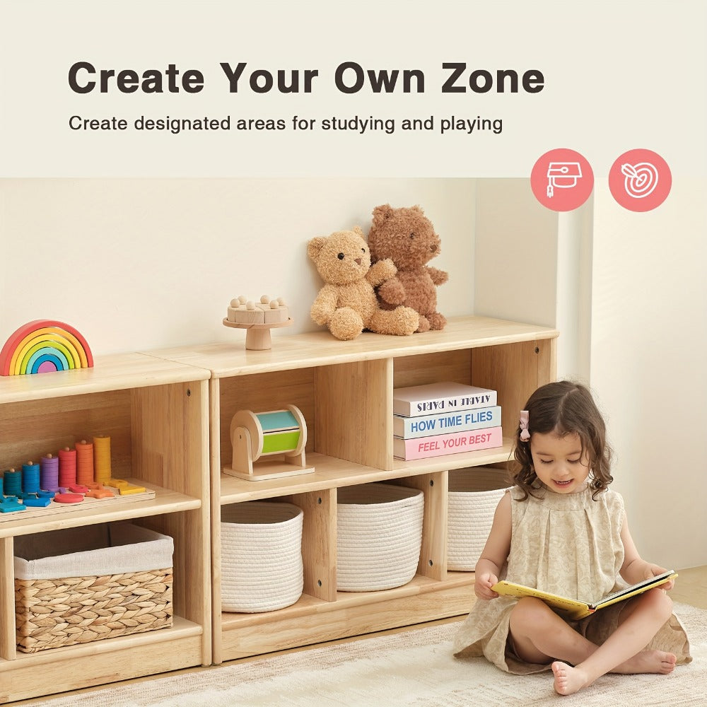 Rubber Wood 5-Compartment Bookshelf 35.4¡± ¨C 2-Tier Wooden Storage Cabinet for Classroom, Playroom & Preschool | Kids Book Organizer Shelf for Daycare, Bedroom & Living Room | 5-Section Display Rack