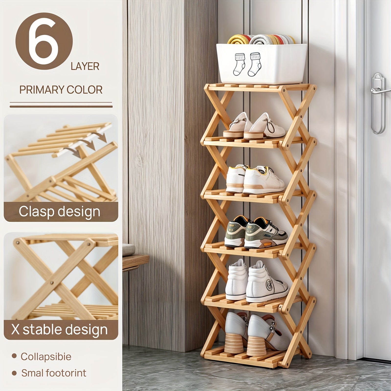 Bamboo Shoe Rack Foldable Multi-Tier ¨C Space-Saving Shoe Storage Shelf, Easy Assembly Standalone Organizer for Entryway, Hallway, Bedroom, Bathroom & Office ¨C 6 or 8 Tier Options