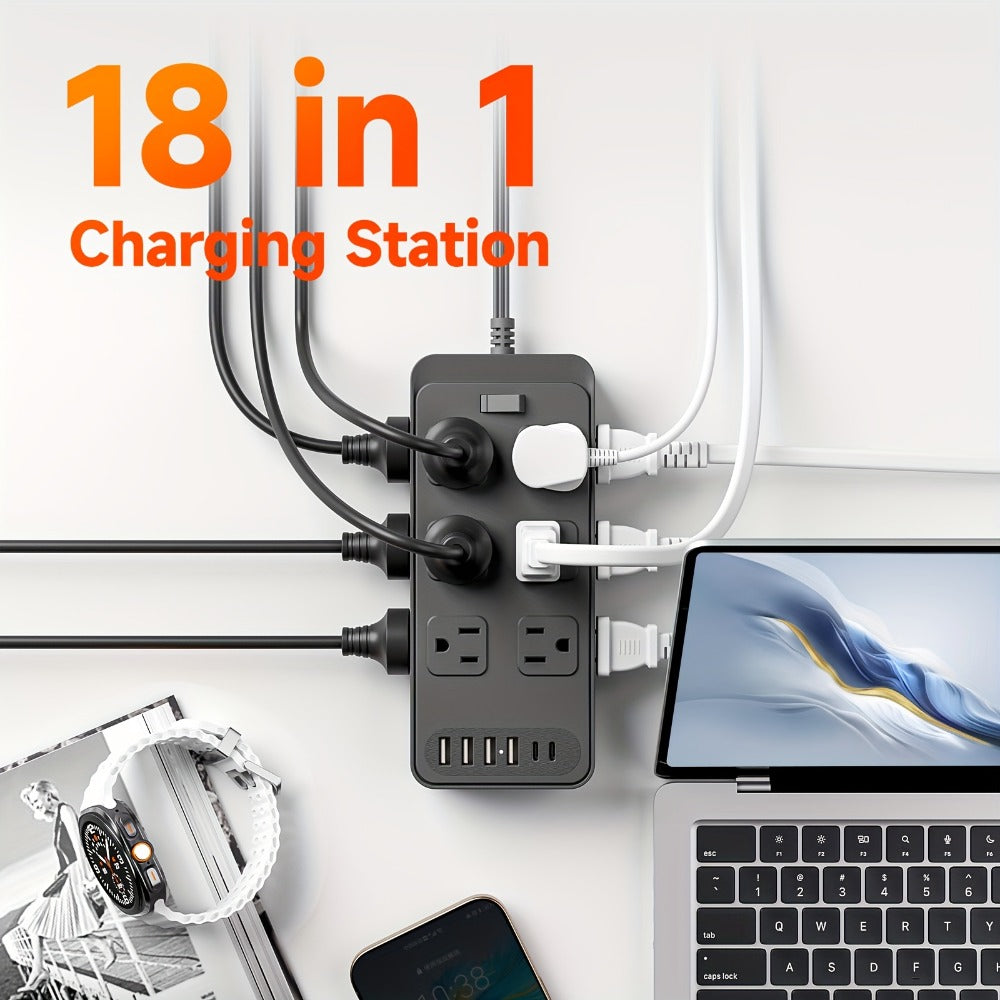 USB Extension Cord Power Strip 18-in-1 with 12 AC Outlets 6 USB Ports Surge Protector Overload Protection Switch 5FT 10FT for Home Kitchen Office Travel Accessories Black White