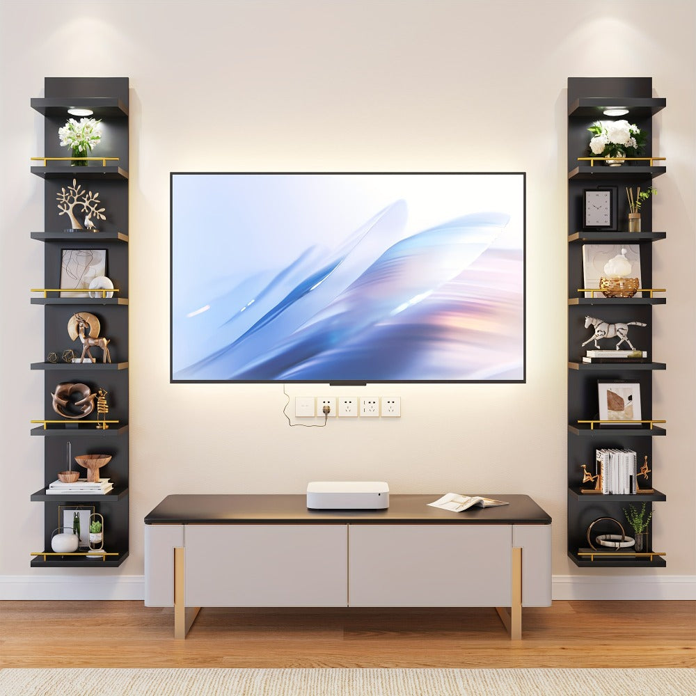 Floating Wall Shelves with LED Light - 6 & 8 Tier Wall Mounted Display Shelf Unit with Anti-Slip Rails for Bedroom, Living Room, Bathroom, Office & Dorm - Modern Space Saving Shelf (Black / White)