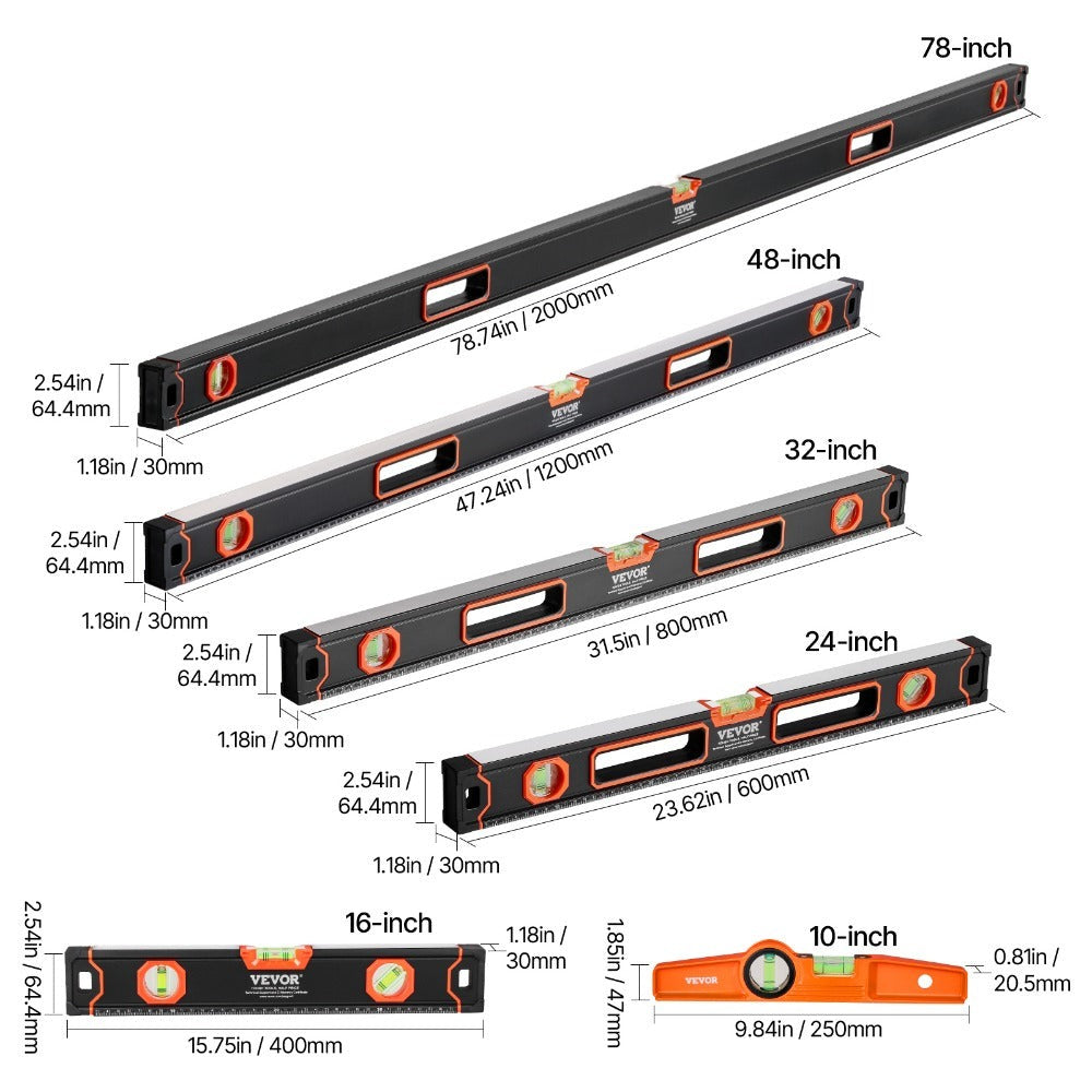 Magnetic Torpedo Level Set 6-Piece Full Magnetic All Sizes | 10 16 24 32 48 78 Inch Aluminum Spirit Level Kit Anti-Static Vials 3-in-1 | Heavy Duty Construction Framing Plumbing Carpenter DIY Tool