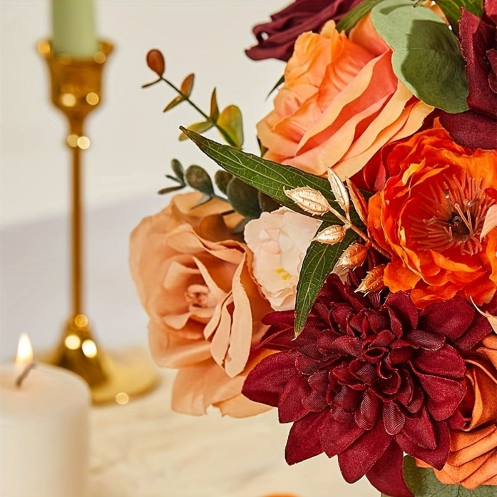 Artificial Flowers Bouquet Set ¨C Foam Roses for Wedding, Fall Halloween Valentine's Day Table Decor, Orange Wine Red Blue