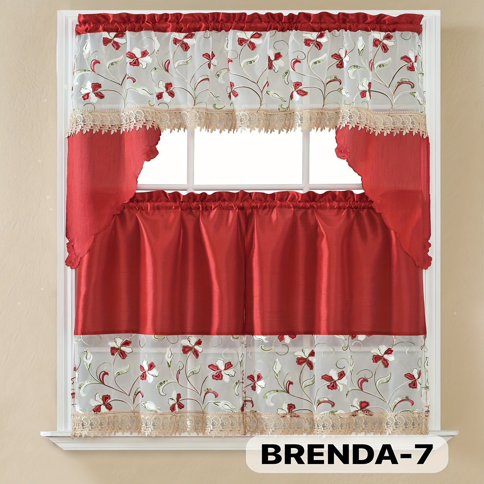 Kitchen Curtains 3 Piece Set Embroidered Satin Valance and Tiers - Rod Pocket Light Filtering Machine Washable 46 Colors Available All Season Home Decor