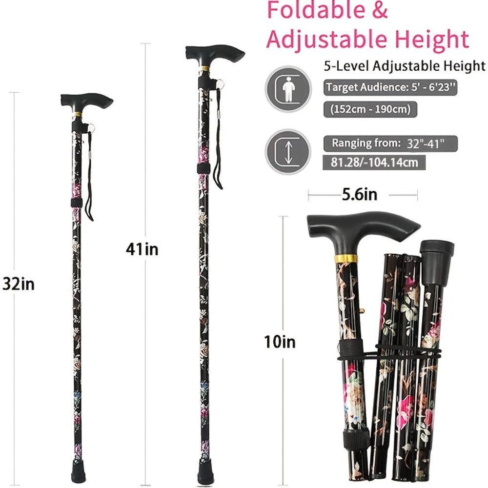 Foldable Walking Cane for Seniors Adjustable Height Folding Stick with Wrist Strap T-Handle Printed Design Portable Lightweight Mobility Aid Gift for Parents