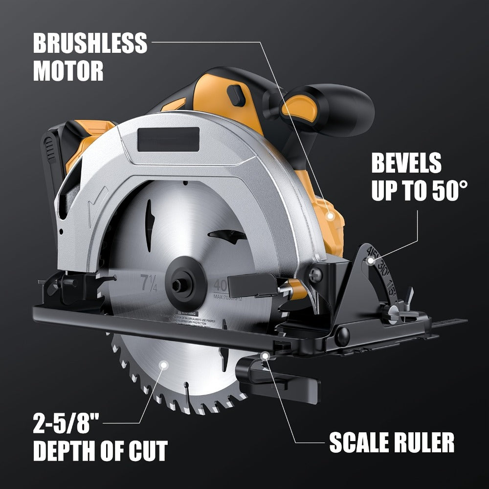Cordless Circular Saw Compatible with DeWalt 20V MAX Battery | 7-Inch Brushless Electric Saw, 0-50¡ã Bevel, 2 Blades Included ¨C Woodworking, Stone & Plastic Cutting