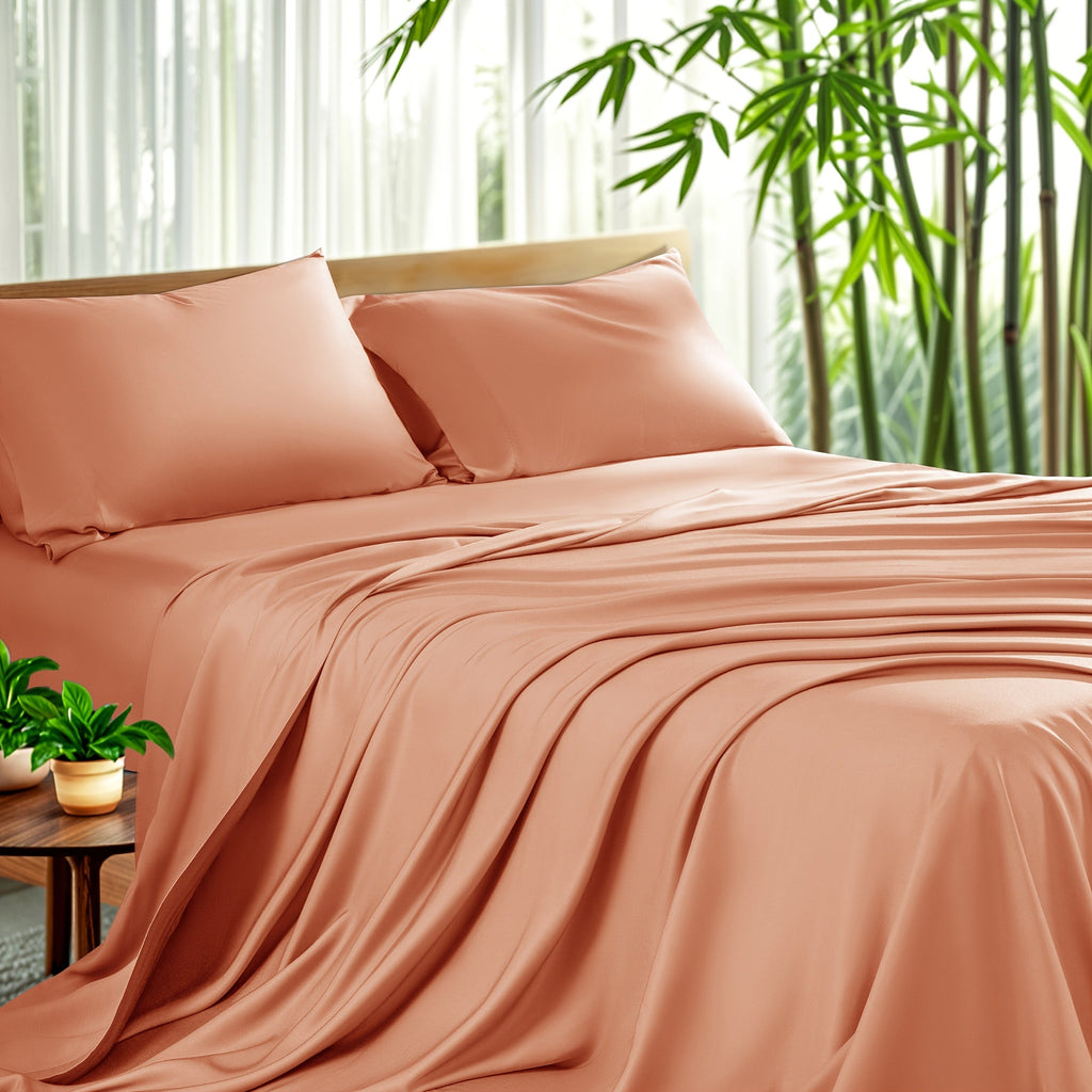 Bamboo Sheet Set 4pcs Cooling Deep Pocket Wrinkle Resistant Bedding All-Season Fitted Flat Sheet 2 Pillowcases Gift Box
