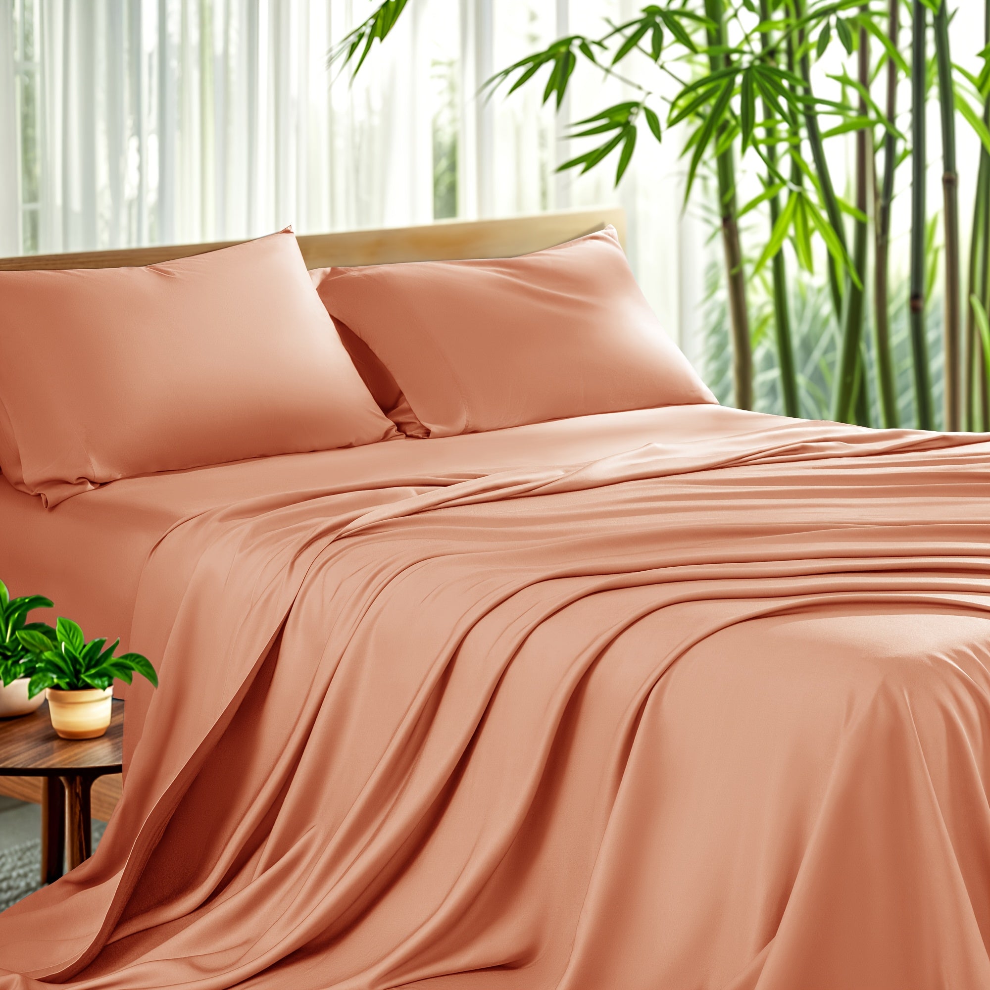 Bamboo Sheet Set 4pcs Cooling Deep Pocket Wrinkle Resistant Bedding All-Season Fitted Flat Sheet 2 Pillowcases Gift Box