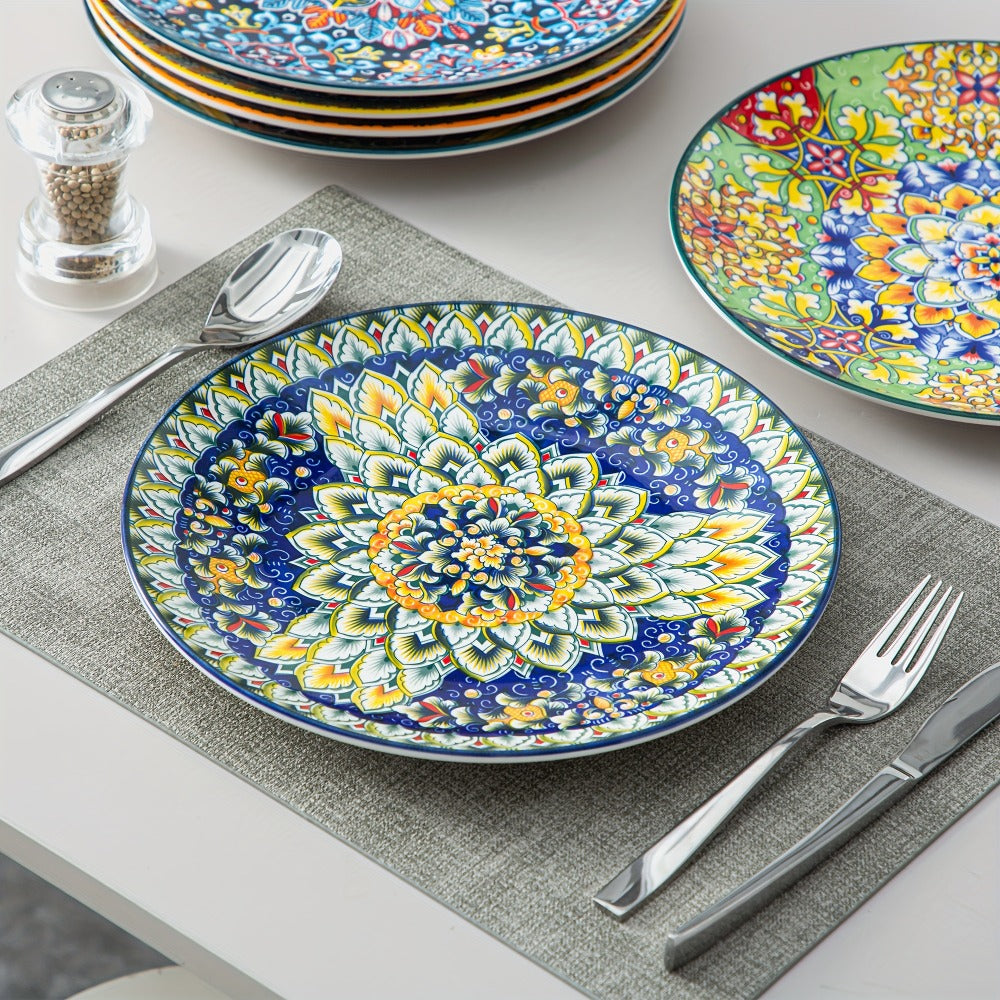 Bohemian Dinner Plates Set of 6 ¨C 10.5 Inch Colorful Stoneware Plate Set Microwave Dishwasher Safe Scratch Resistant Porcelain Dinnerware for Home Restaurant Cafe Boho Kitchen Decor Gift