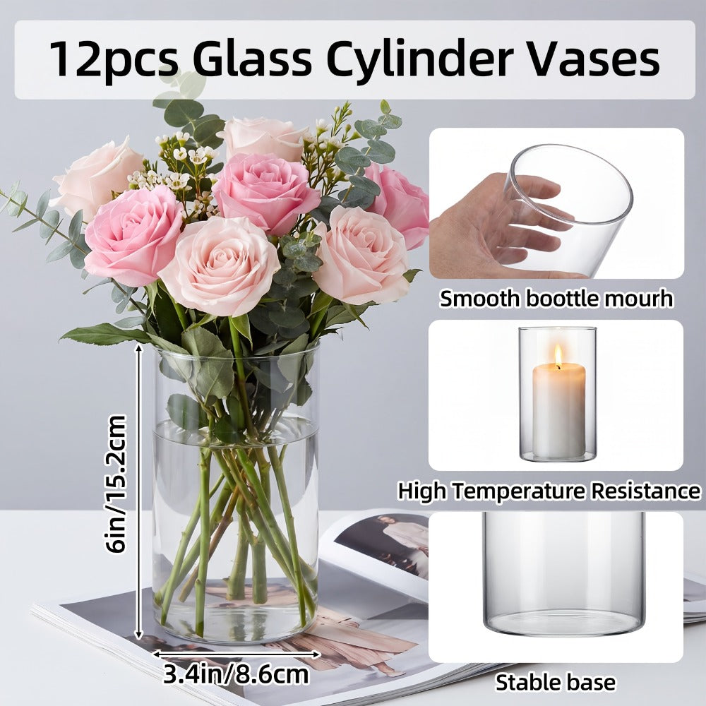 Glass Cylinder Vases for Centerpieces Bulk 12/24pcs ¨C Clear Flower Vases for Wedding Decorations, Floral Arrangements, Home, Restaurant & Party Table Decor, 6x3.4in