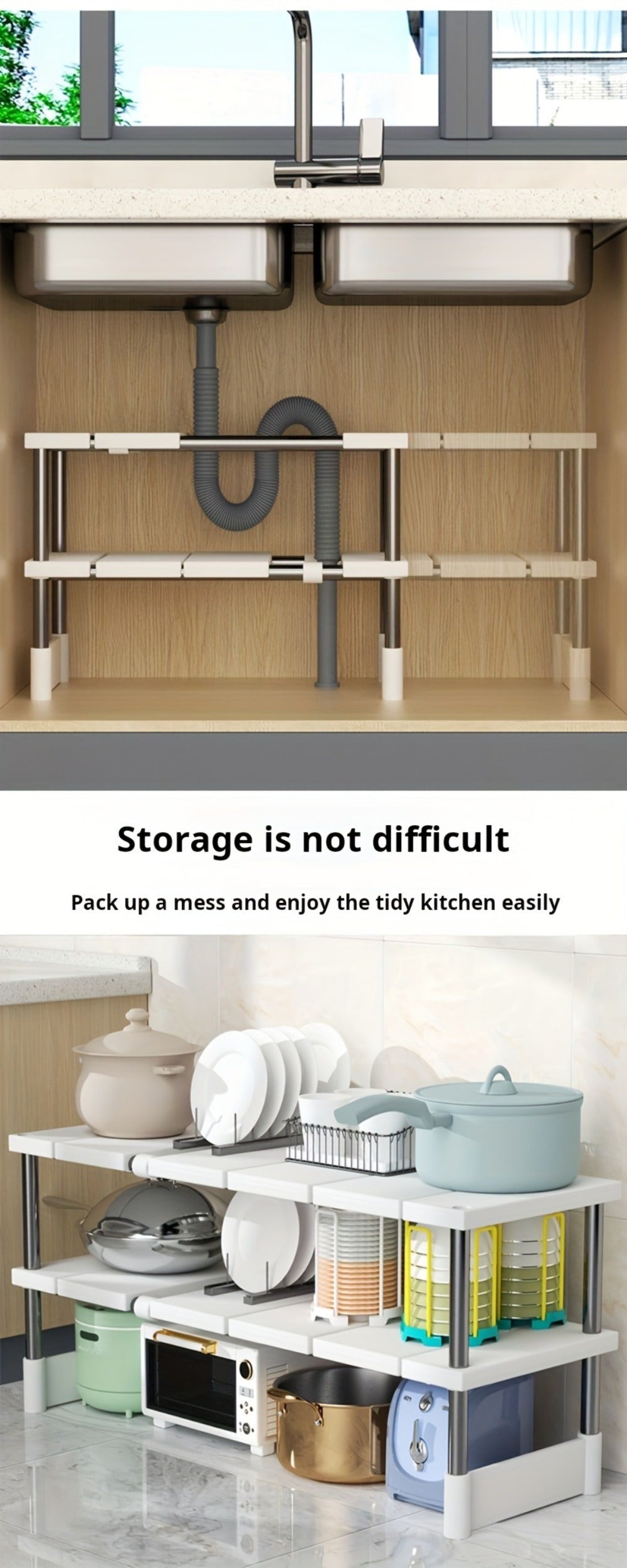 Under Sink Organizer Adjustable - Stainless Steel and Plastic Cabinet Storage Shelf for Kitchen and Bathroom, Space Saving Single Layer Rack for Pots Cleaning Supplies and Toiletries, Multi-Functional Under Cabinet Organizer and Storage