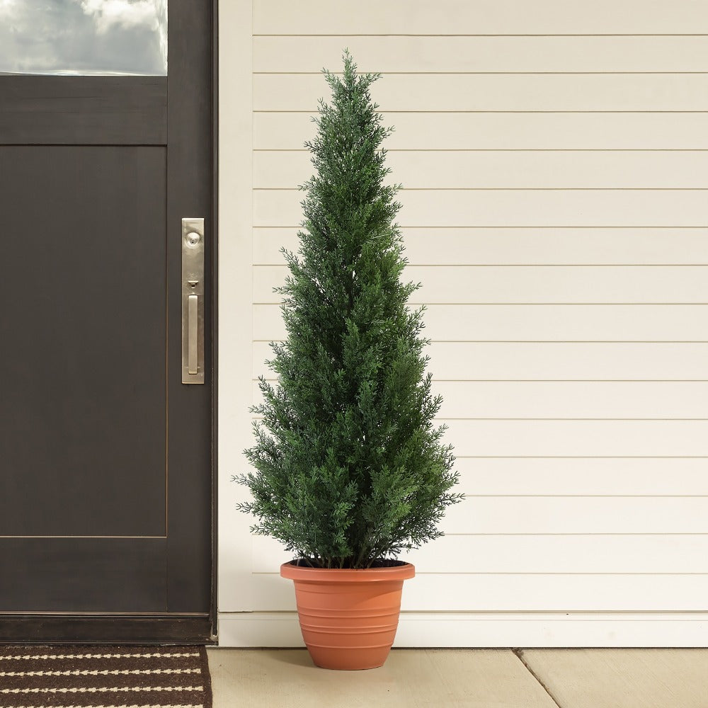Artificial Topiary Cedar Tree Outdoor Indoor UV Resistant Fake Potted Plant Faux Pine Shrub Front Porch Patio Home Office Decor 3ft 4ft 5ft 1pc 2pcs