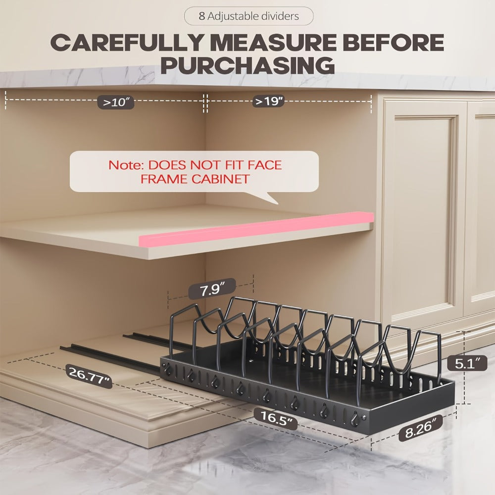 Pull Out Pot Lid Organizer Rack 2pcs Under Cabinet Pots and Pans Organizer, 8 Adjustable Dividers Slide Out Kitchen Cabinet Cookware Baking Sheet Holder, Drill-Free Easy Install