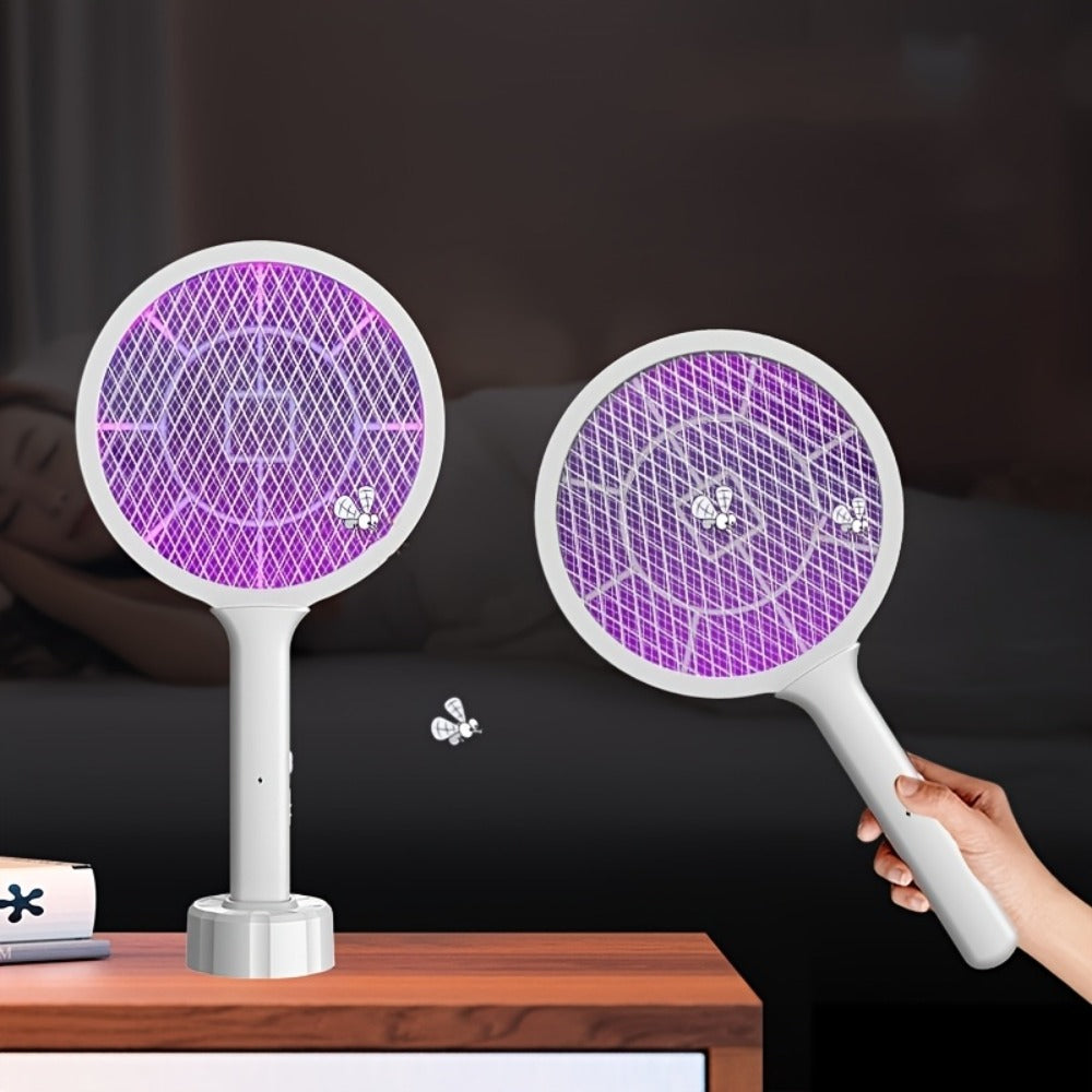 Electric Mosquito Swatter Racket Bug Zapper with LED Night Light & USB Charging, Handheld Insect Killer with Base Stand, Dual Mode Mosquito Lure Lamp for Home, Office & Outdoor Use