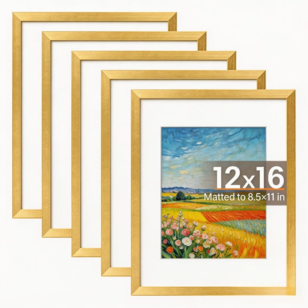 Picture Frame Set of 5 ¨C 12x16 Inch Gallery Wall Photo Frames, Display 8.5x11 with Mat or 12x16 Without Mat | HD Cover, Horizontal & Vertical Hanging | Golden Wall Collage Frame Set for Home & Office