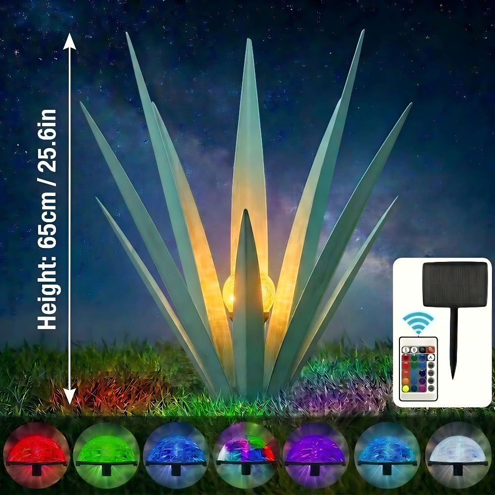 Solar Powered Agave Metal Sculpture Garden Statue - Hand-Painted Rustic Agave Figurine with LED Light & Remote Control, Indoor Outdoor Lawn Yard Courtyard Decor, Holiday Garden Art Gift