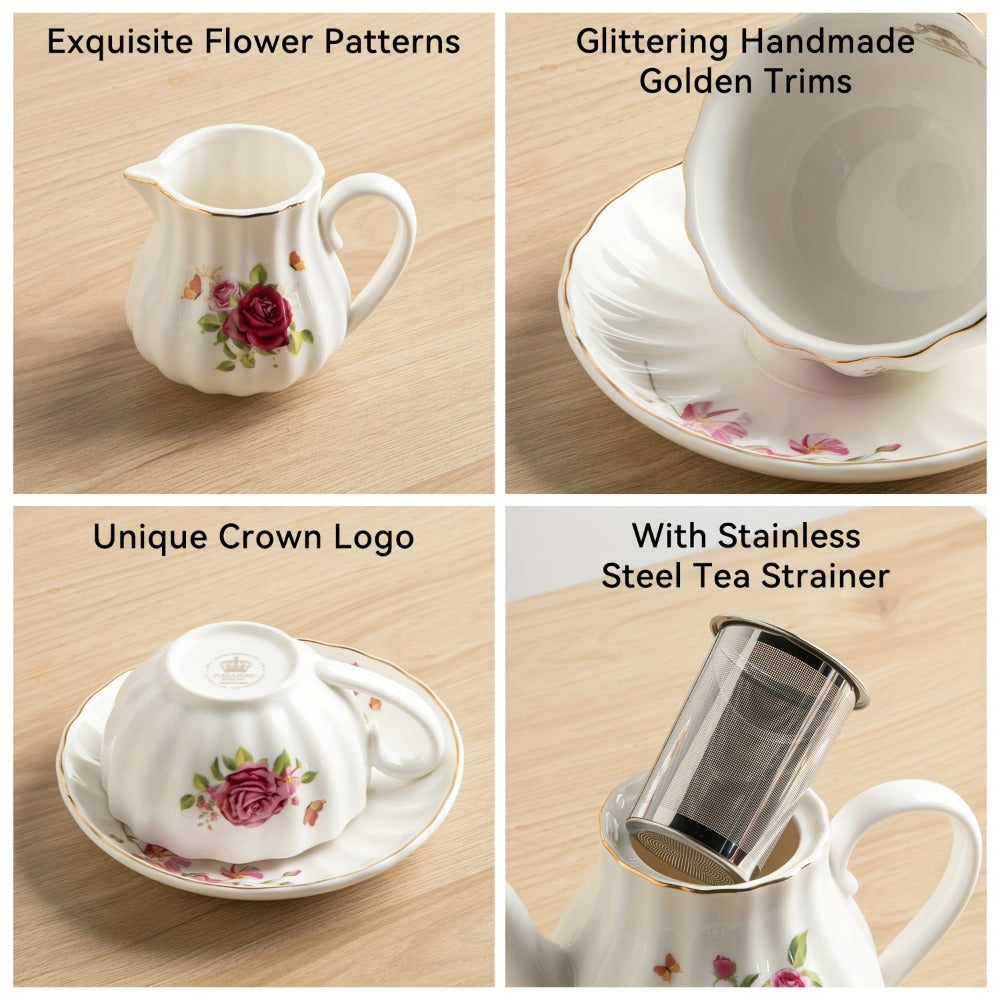 Porcelain Tea Set for 6 - 22 Piece British Royal Floral Service with Teapot, Cups & Saucers, Sugar Bowl, Cream Pitcher & Tea Strainer