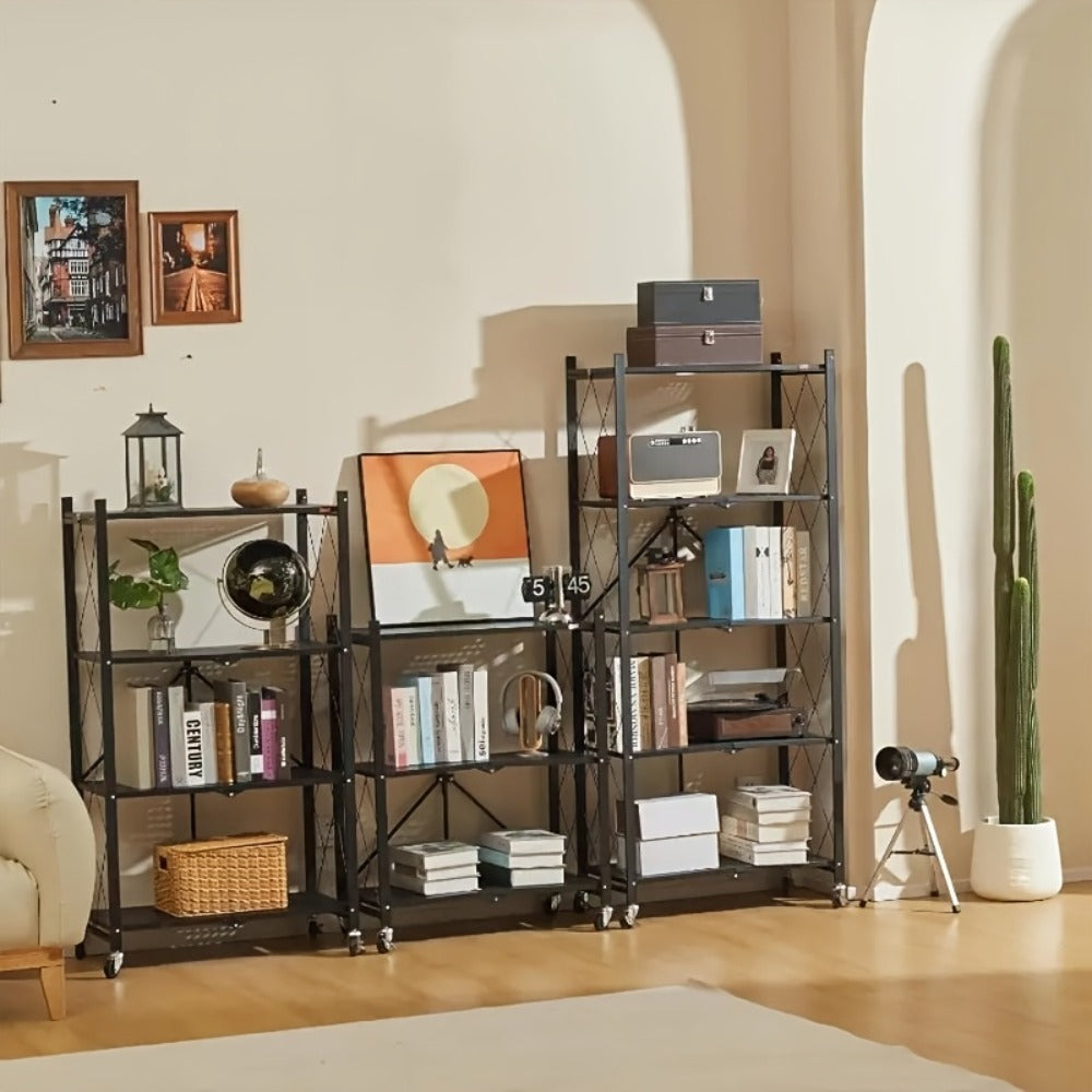 Storage Rack 3-5 Tier Foldable Shelving Unit with Wheels - Portable Multi-Layer Floor Standing Utility Shelf Organizer for Bedroom Closet Kitchen Office Black White