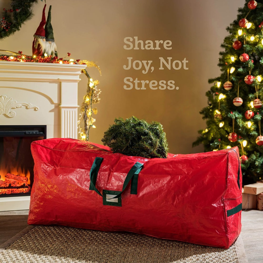 Christmas Tree Storage Bag 7.5ft ¨C Heavy Duty Extra Large Artificial Xmas Tree Bag with Reinforced Handles, Dual Zippers & Wide Opening for Easy Storage, Red