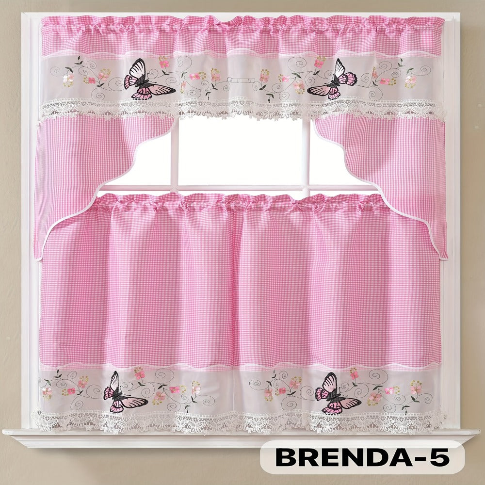Kitchen Curtains 3 Piece Set Embroidered Satin Valance and Tiers - Rod Pocket Light Filtering Machine Washable 46 Colors Available All Season Home Decor