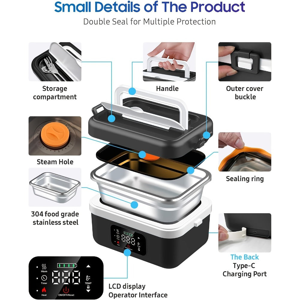 Self Heating Lunch Box Battery Powered 8000mAh - 60W Portable Electric Food Warmer with Smart Timer 1 Liter Stainless Steel Inner Container for Home Car Office and Truck, Leak Proof with Fork Spoon and Carry Bag, Gift for Men and Women