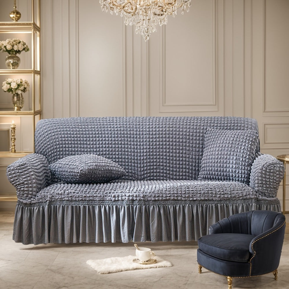 Seersucker Sofa Slipcover with Skirt High Elastic Stretch Drawstring Durable Washable Couch Cover for 1 2 3 4 Seater Armchair - 8 Colors Coffee Gray White Green Blue