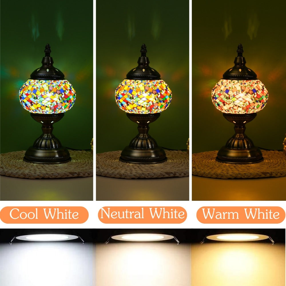 Mosaic Table Lamp Handcrafted Turkish Glass Bedside Lamp 3-Color Dimmable with Metal Base Bulb Included