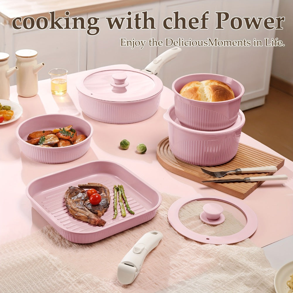 Nonstick Cookware Set 5/7/24 Piece Induction Ready with Detachable Handles ¨C Stackable Pots & Pans Set Includes Skillet Frying Pan Soup Pot Steak Pan for Home RV Kitchen, Multiple Colors