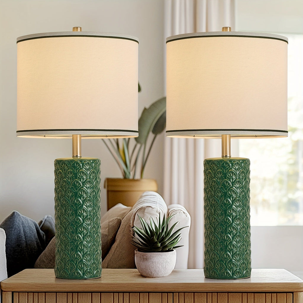 Ceramic Table Lamp ¨C Modern Farmhouse Bedside Lamp with Drum Shade, 3 Color Temperature, Knob Switch, 9W LED Bulb Included, Rustic Nightstand Desk Light for Bedroom Living Room Office Dorm (Multiple Colors)