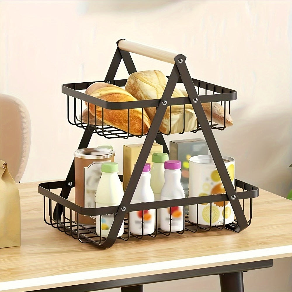 Metal Wire Bathroom Storage Basket with Wooden Handle Multi-Tier Countertop Organizer Detachable Fruit Basket Kitchen Pantry Bedroom Desk Organization