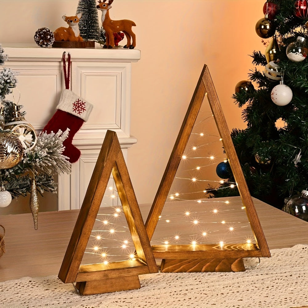 Wooden Light-Up Desktop Christmas Trees USB Powered - Mini Lighted Wood Tree Set for Holiday Decoration, Home & Office Desk, Shelf Display & Room Decor, Reusable Indoor Gift, Set of 2/3/4/5/6