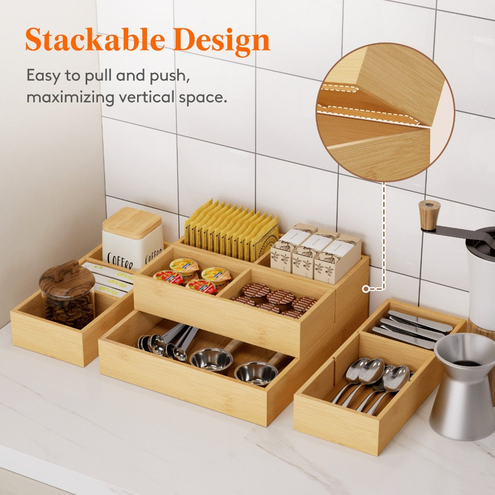 Bamboo Drawer Organizer 10 Pack, Adjustable Stackable Drawer Dividers Bins for Kitchen Utensils, Silverware, Makeup, Office Supplies, Bathroom Vanity & Junk Drawer