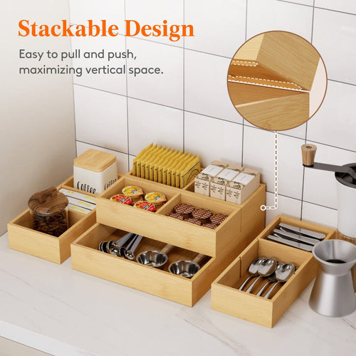 Bamboo Drawer Organizer 10 Pack, Adjustable Stackable Drawer Dividers Bins for Kitchen Utensils, Silverware, Makeup, Office Supplies, Bathroom Vanity & Junk Drawer