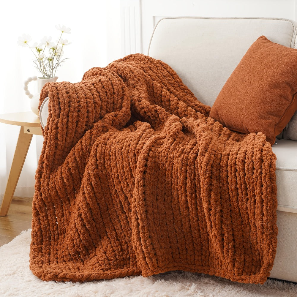 Chunky Chenille Cable Knit Throw Blanket ¨C 350-400gsm Soft Warm Crochet Throw for Sofa, Bed & Couch, Vintage Patchwork, 14 Colors