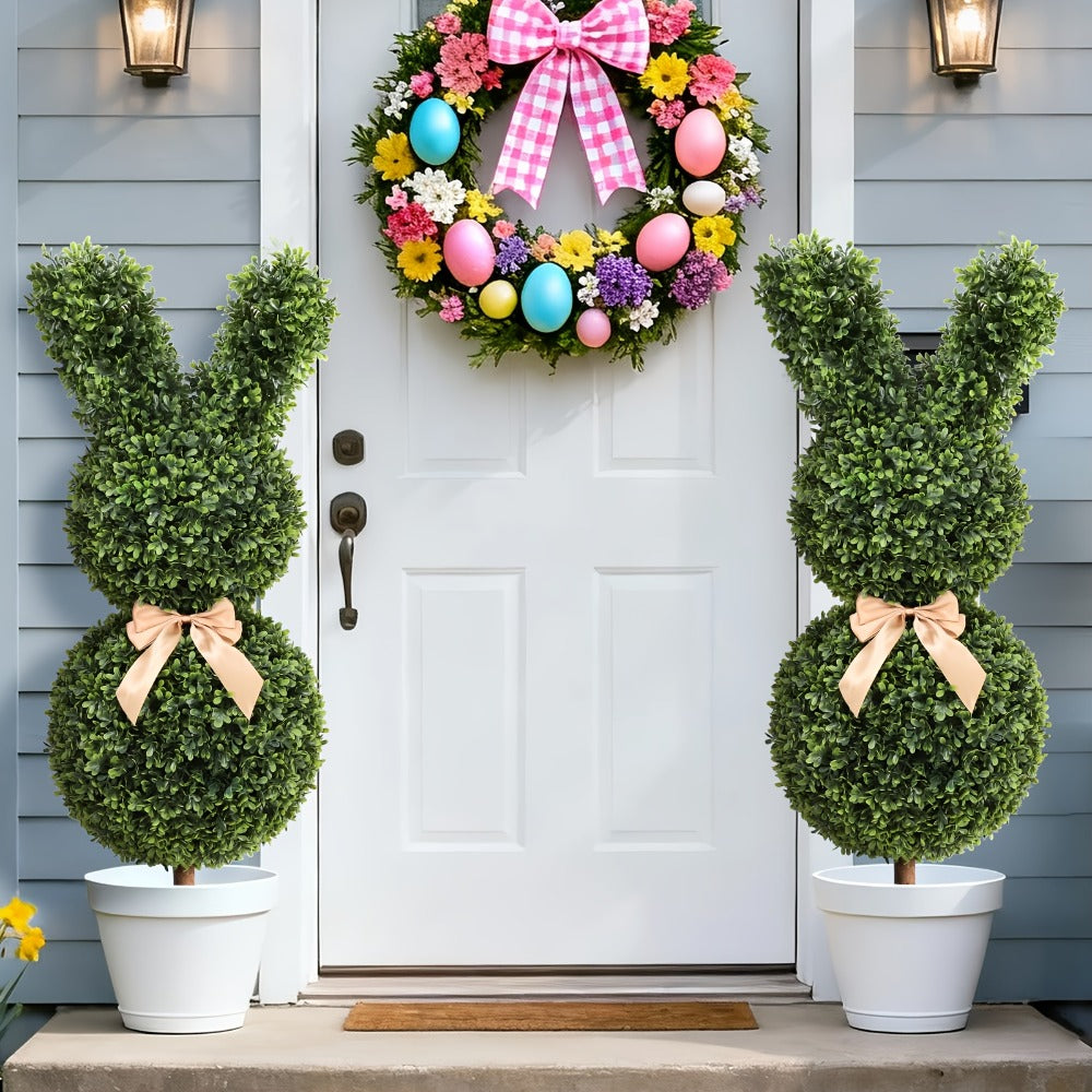 Artificial Boxwood Bunny Topiary 2-Pack | 3Ft Faux Rabbit Garden Statue with Bow, Indoor Outdoor Easter Spring Porch Decor, Lifelike Greenery Sculpture with Planter