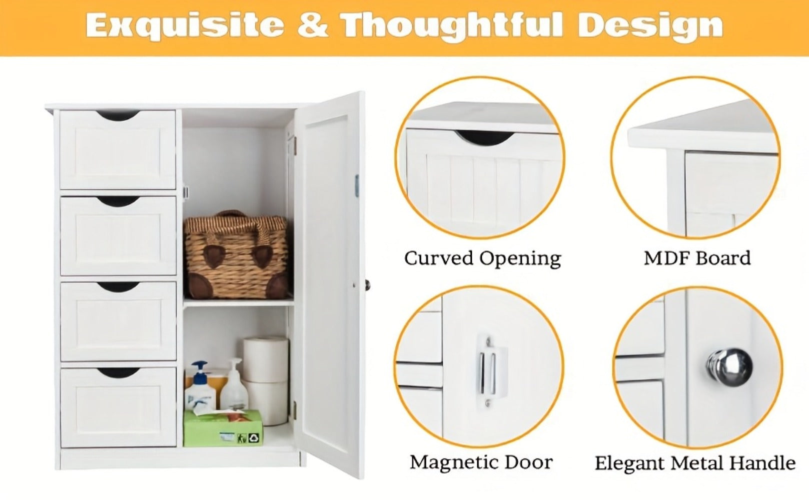 Bathroom Storage Cabinet with Drawers ¨C Waterproof Freestanding Floor Cabinet with 4 Drawer Organizer for Bathroom, Bedroom, Living Room