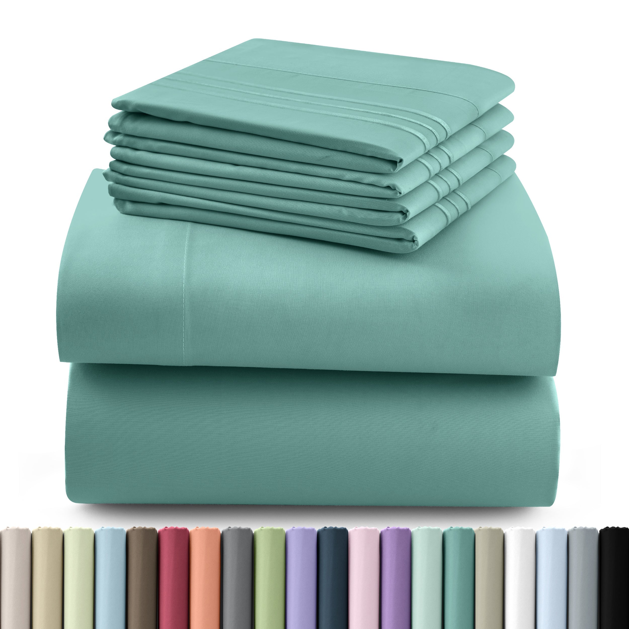 Fitted Sheet Set 6-Piece Brushed Polyester Deep Pocket Bed Sheets 20 Colors Hotel Luxury Soft Bedding with Embroidered Pillowcases