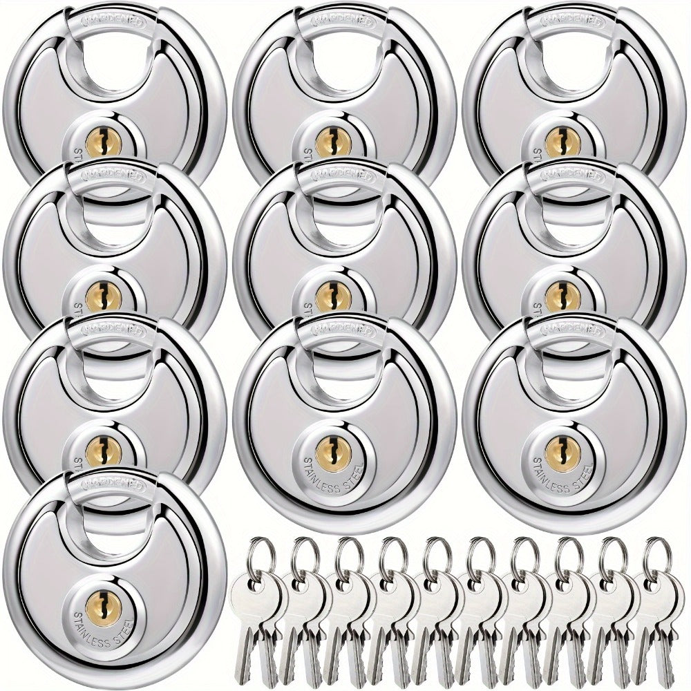 Padlocks with Same Key - 10pcs Stainless Steel Disc Lock Set, Keyed Alike Discus Pad Lock 2-3/4 Inch Wide 3/8 Inch Shackle, Outdoor Weatherproof Lock for Storage Unit, Shed, Garage, Gate & Fence
