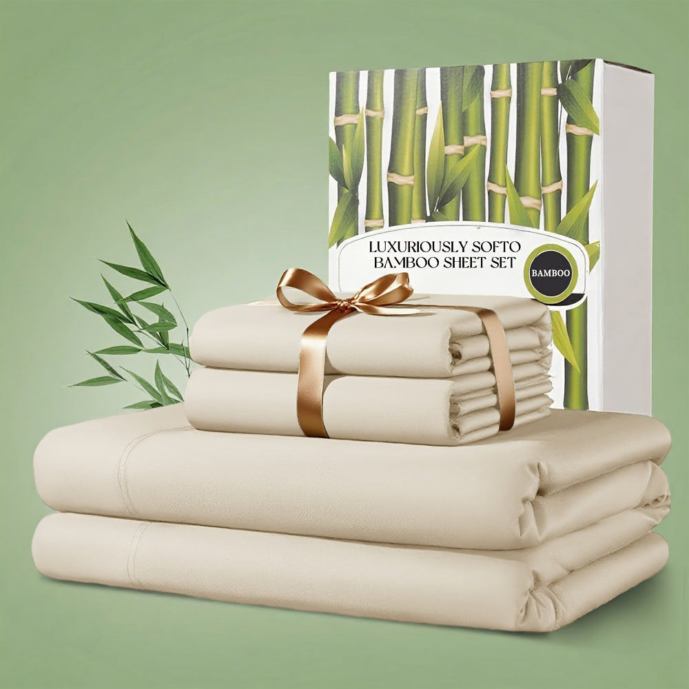 Bamboo Bed Sheet Set 4pcs 2200TC Deep Pocket Cooling Fitted Sheets ¨C Ultra Soft, Breathable, Shrink & Wrinkle Resistant